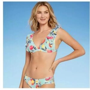Kona Sol Soft Ruffle Bralette Bikini Top & bottom Fruit Print Sage Green NWT S